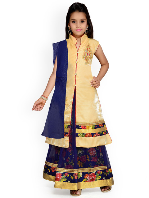 

Kidling Girls Beige & Navy Blue Embroidered Ready to Wear Lehenga & Blouse with Dupatta