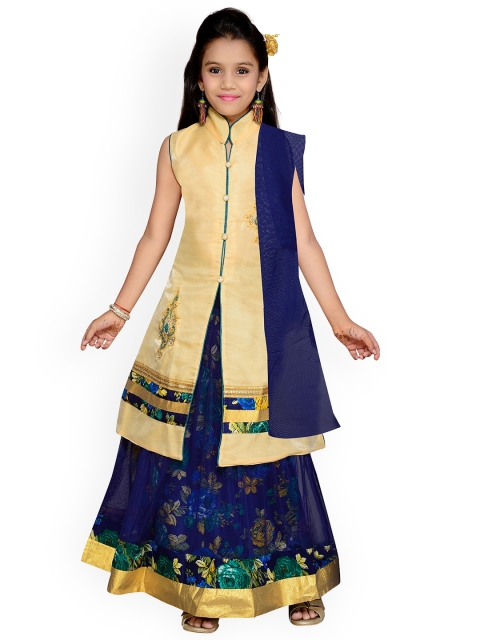 

Kidling Girls Cream-Coloured & Navy Blue Embroidered Lehenga Choli & Dupatta