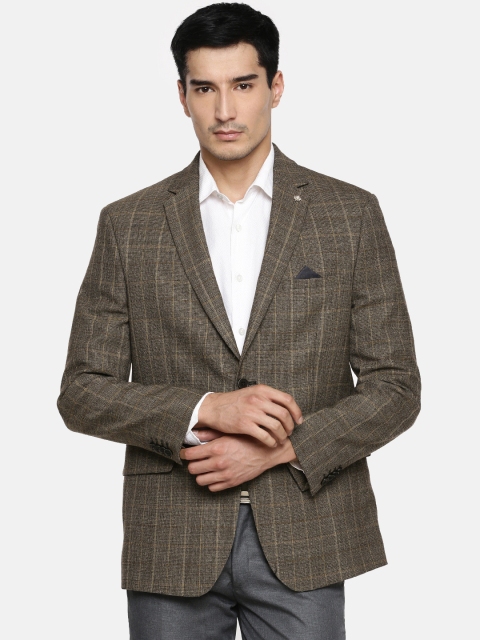 

Theme Men Olive Green & Black Checked Slim Fit Formal Blazer