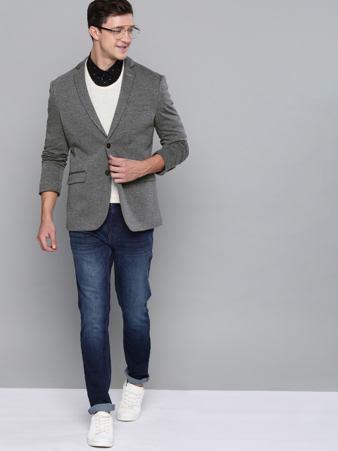 

Mast & Harbour Men Navy Blue & Grey Self-Design Single Breasted Casual Blazer