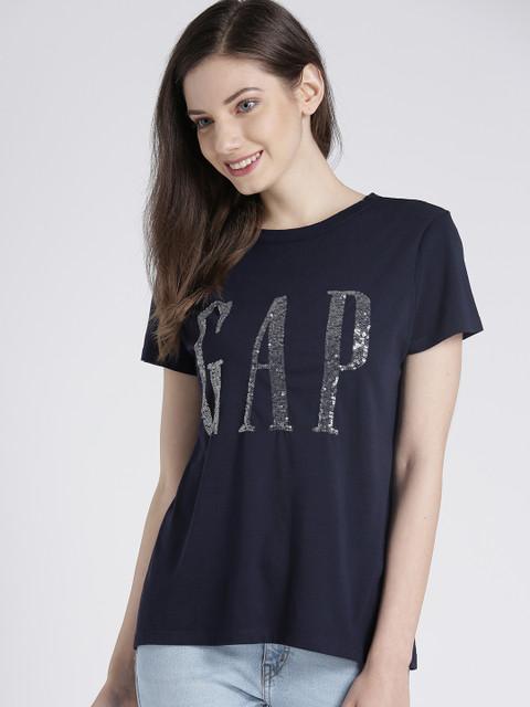 

GAP Women Navy Blue Brand Logo Sequinned Round Neck T-shirt