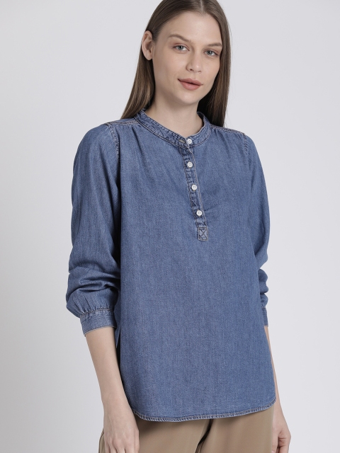 

GAP Women Blue Solid Shirt Style Chambray Pure Cotton Top