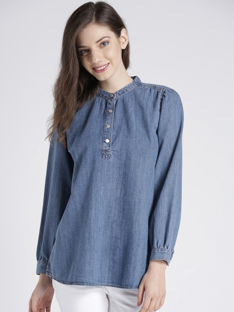 

GAP Women's Shirred Popover Denim Shirt, Blue