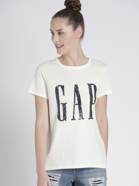 

GAP Women White Sequinned Round Neck T-shirt