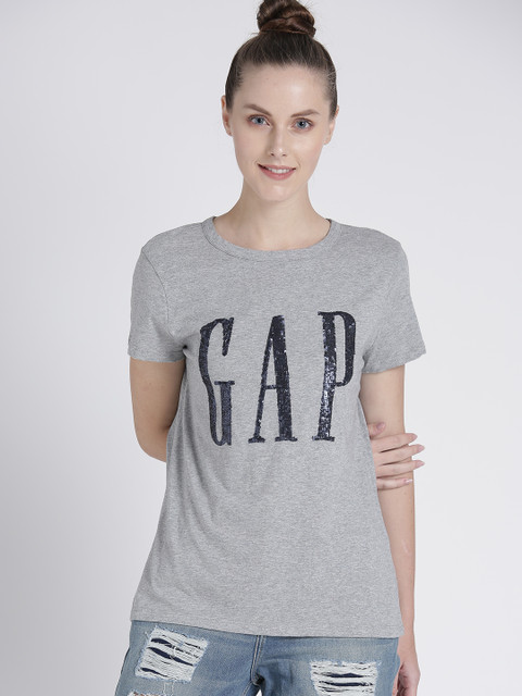 

GAP Women Grey Melange Brand Logo Sequinned Round Neck T-shirt