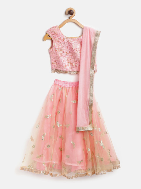 

Biba Girls Pink & Golden Woven Design Ready to Wear Lehenga & Blouse with Dupatta
