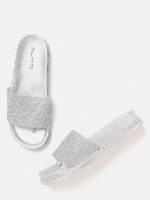 

DressBerry Women Silver-Toned Shimmer Open Toe Flats