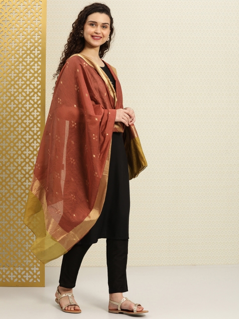 

House of Pataudi Rust Orange & Gold-Coloured Woven Design Dupatta