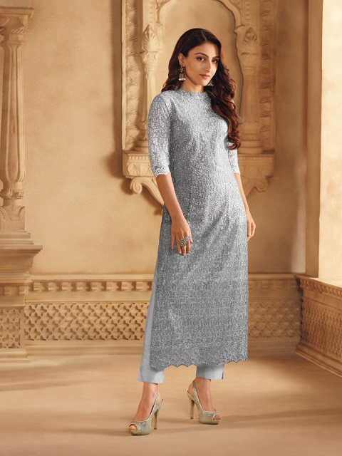 

House of Pataudi Women Grey Floral Embroidered Straight Kurta