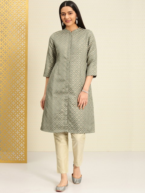 

House of Pataudi Women Green & Beige Embroidered Kurta with Trousers