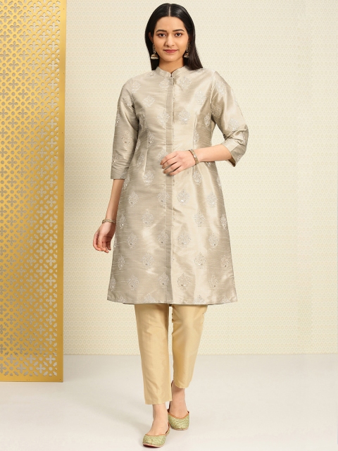 

House of Pataudi Women Beige Embroidered Kurta with Trousers