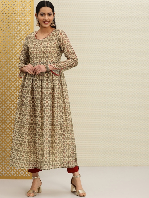 

House of Pataudi Women Beige & Green Printed A-Line Rozana Kurta