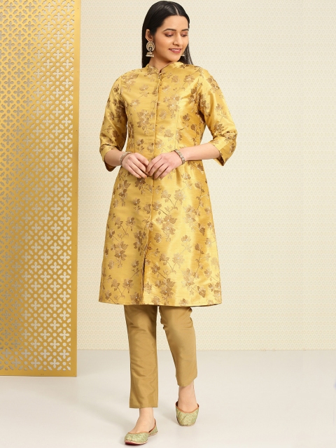 

House of Pataudi Women Gold-Toned Embroidered Kurta with Trousers