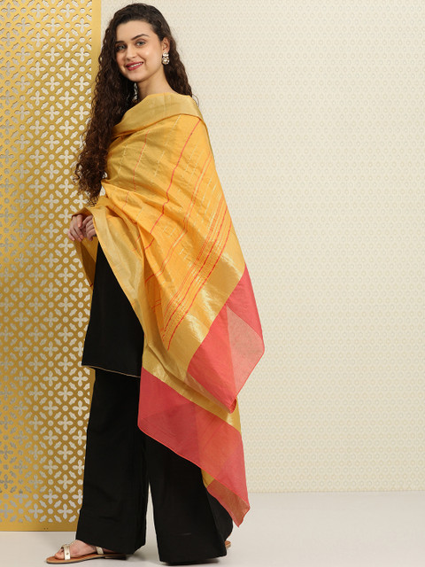 

House of Pataudi Yellow & Pink Striped Dupatta