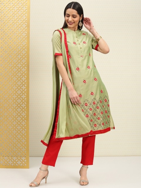 

House of Pataudi Green & Red Embroidered Unstitched Dress Material