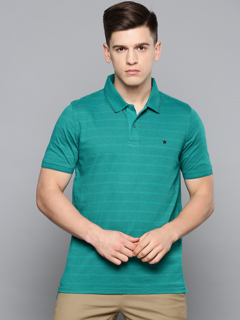 

Louis Philippe Men Ocean Blue Self Striped Polo Collar T-shirt