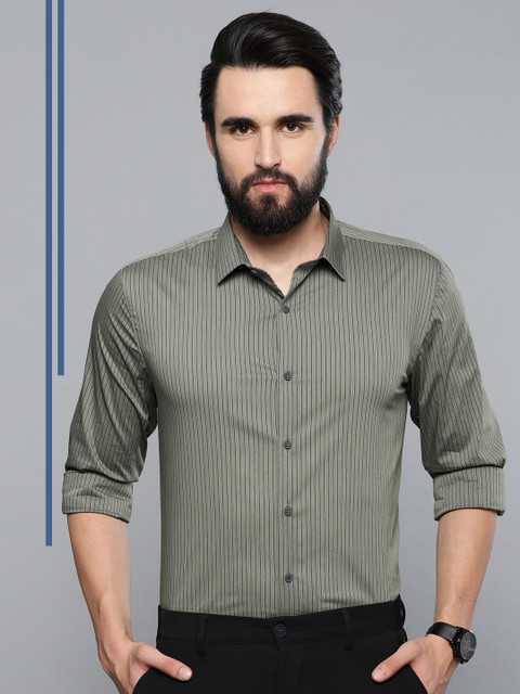 

Louis Philippe Ath.Work Men Olive Green Super Slim Fit Striped Smart Casual Shirt