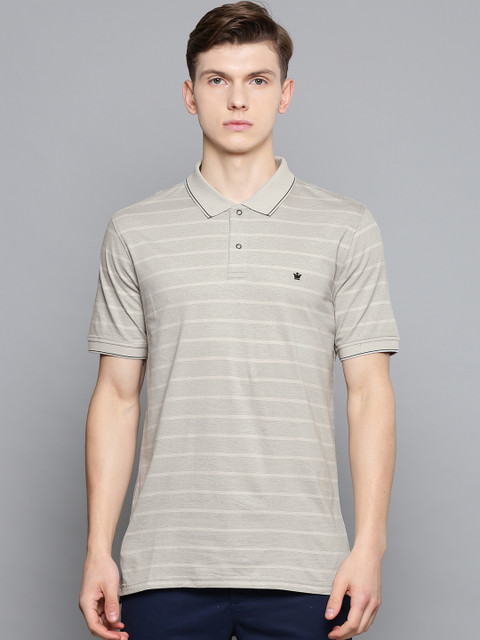 

Louis Philippe Men Grey Self Striped Polo Collar T-shirt