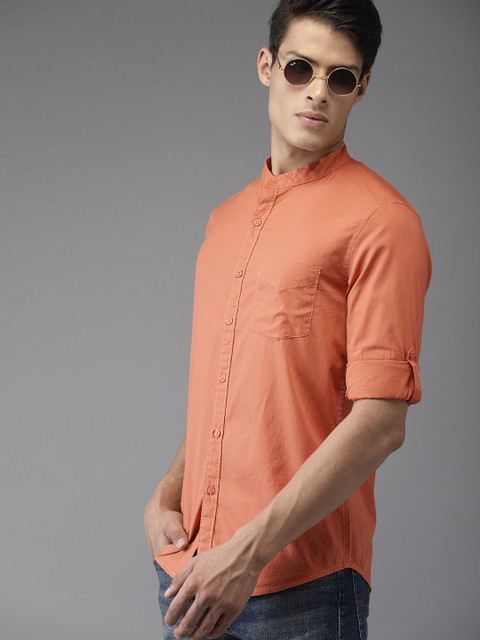 

HERE&NOW Men Coral Orange Slim Fit Solid Casual Shirt