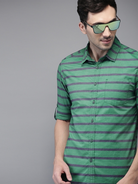 

HERE&NOW Men Green & Blue Slim Fit Striped Casual Shirt