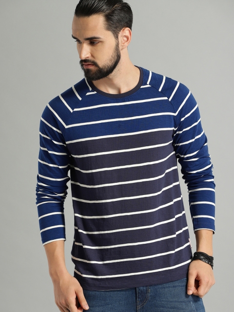 

Roadster Men Navy Blue Striped Round Neck T-shirt