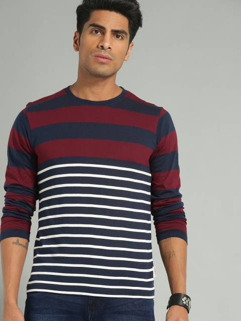 

Roadster Men Maroon & White Striped Round Neck T-shirt