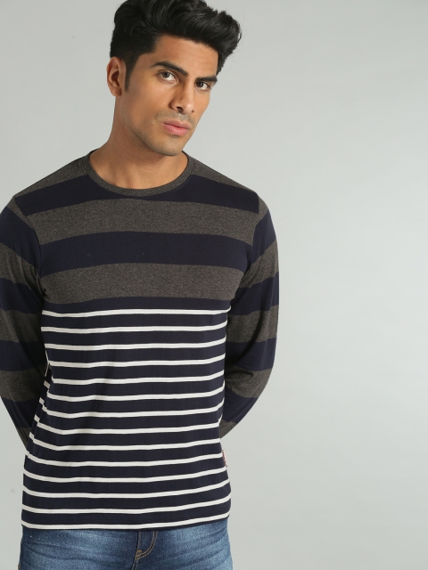 

Roadster Men Navy Blue & Charcoal Grey Striped Round Neck T-shirt