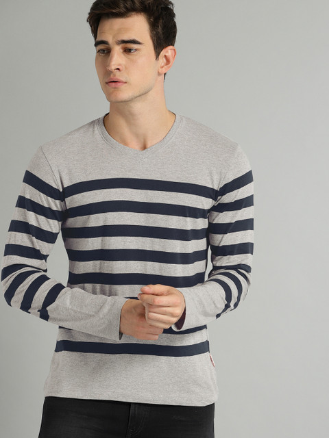 

Roadster Men Grey & Navy Blue Striped Round Neck T-shirt