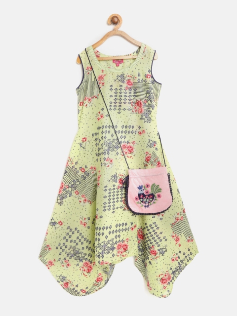 

Biba Girls Green & Navy Blue Printed A-Line Dress with Sling Bag