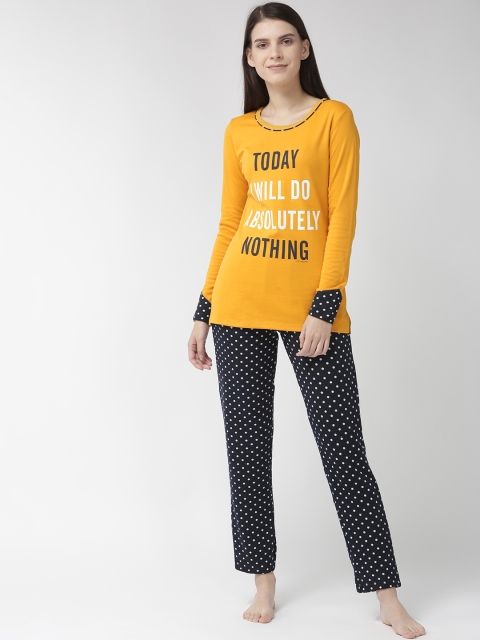 

MADAME M SECRET Women Mustard Yellow & Navy Blue Printed Night suit S9W30519 048