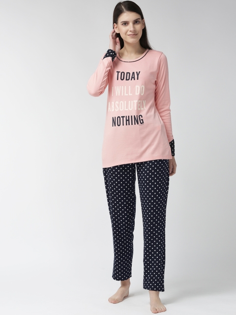 

MADAME M SECRET Women Peach-Coloured & Navy Blue Printed Night Suit S9W30519 030