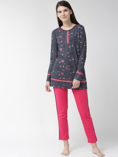 

MADAME M SECRET Women Navy Blue & Pink Printed Night Suit S9W30544 026