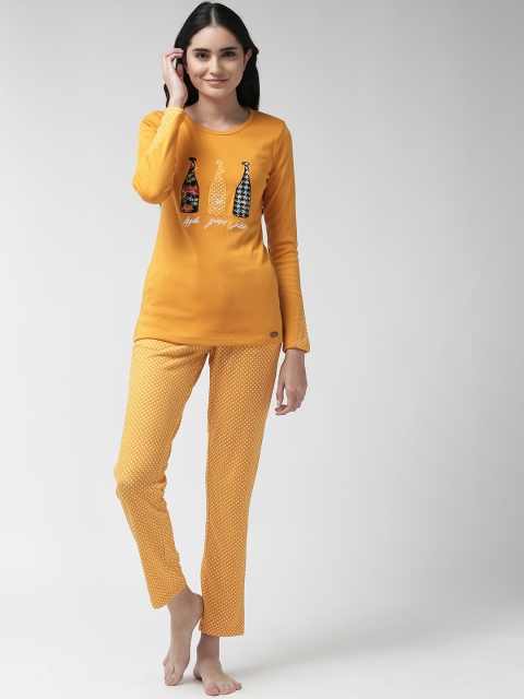 MADAME M SECRET Women Mustard Yellow Printed Night Suit S9W30514 048
