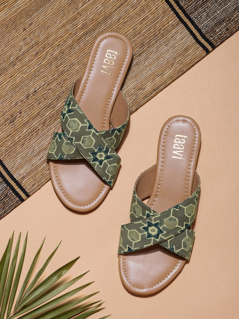 

Taavi Women Green Printed Ajrak Open Toe Sustainable Flats