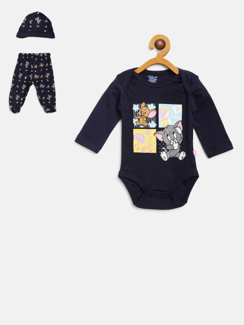 

Moms Love Boys Navy & Grey Printed Bodysuit with Pyjamas & Beanie, Navy blue