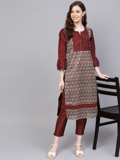 

Jaipur Kurti Women Off-White & Maroon Embroidered Kurta with Trousers