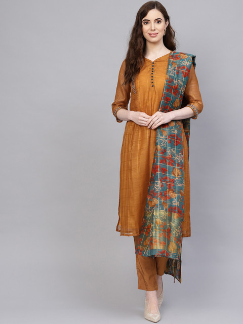 

Jaipur Kurti Women Mustard Brown & Teal Blue Checked Kurta with Trousers & Dupatta
