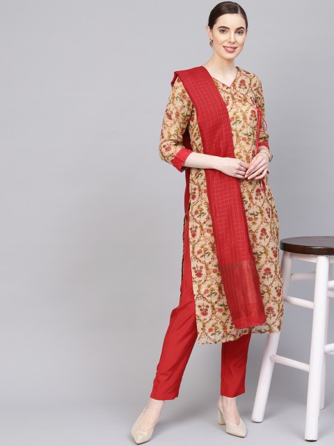 

Jaipur Kurti Women Beige & Maroon Printed Chanderi Angrakha Kurta with Trousers & Dupatta