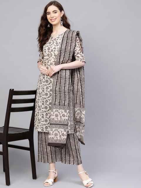 

Jaipur Kurti Women Off-White & Grey Printed Kurta with Palazzos & Dupatta