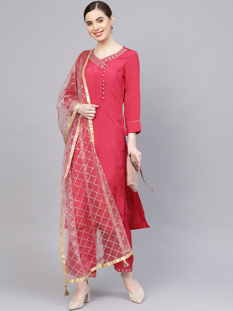 

Jaipur Kurti Women Pink Solid Angrakha Kurta with Palazzos & Dupatta