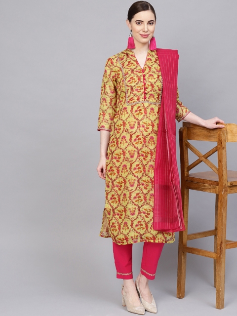 

Jaipur Kurti Women Green & Pink Chanderi Printed Kurta with Trousers & Dupatta