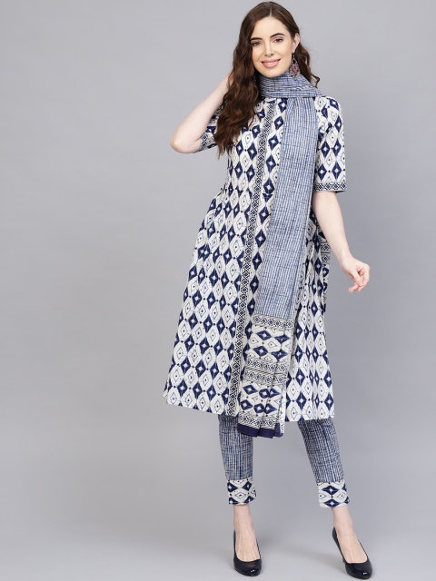 

Jaipur Kurti Women Off-White & Blue Printed Kurta with Trousers & Dupatta