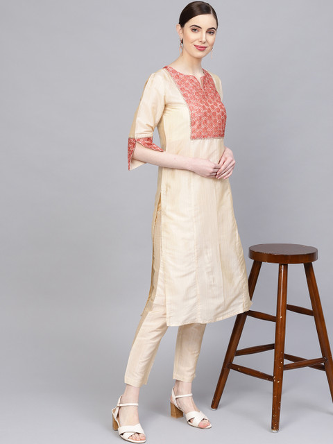 

Jaipur Kurti Women Cream-Coloured & Red Yoke Design Kurta with Trousers