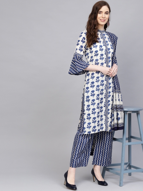 

Jaipur Kurti Women Off-White & Navy Blue Printed Kurta with Palazzos & Dupatta