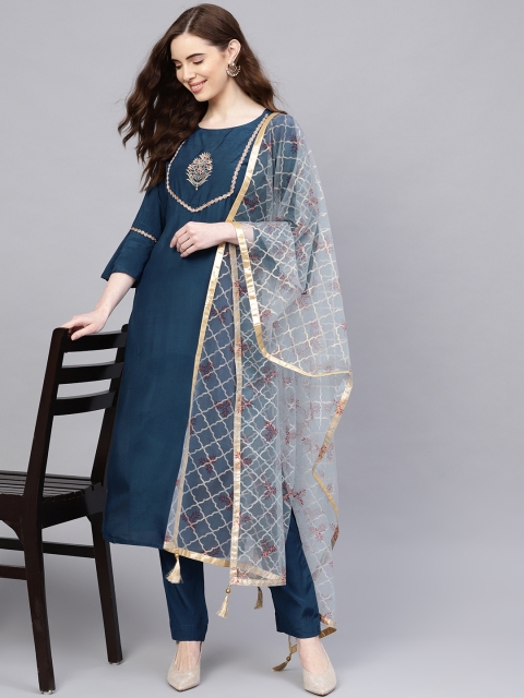 

Jaipur Kurti Women Teal Blue Yoke Design Kurta with Trousers & Dupatta