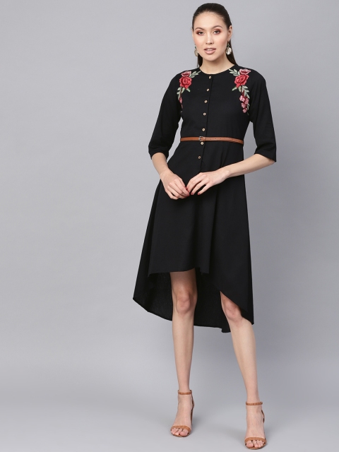 

SASSAFRAS Women Black Floral Embroidered A-Line Dress