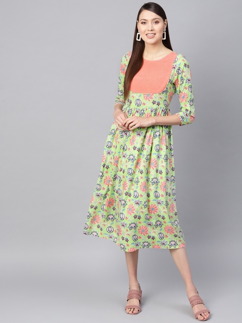 

SASSAFRAS Women Green & Peach-Coloured Printed Fit and Flare Dress