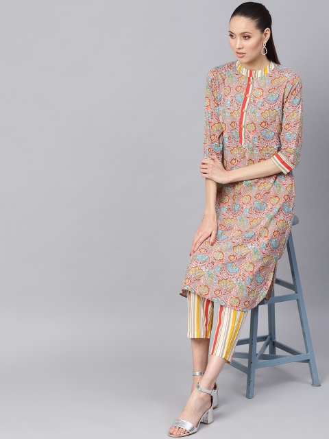 

SASSAFRAS Women Grey & Orange Printed Kurta with Trousers