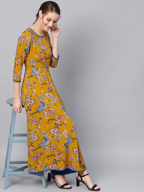 

SASSAFRAS Women Mustard Yellow & Blue Printed Anarkali Kurta