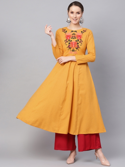 

SASSAFRAS Women Mustard Yellow Floral Yoke Design A-Line Kurta